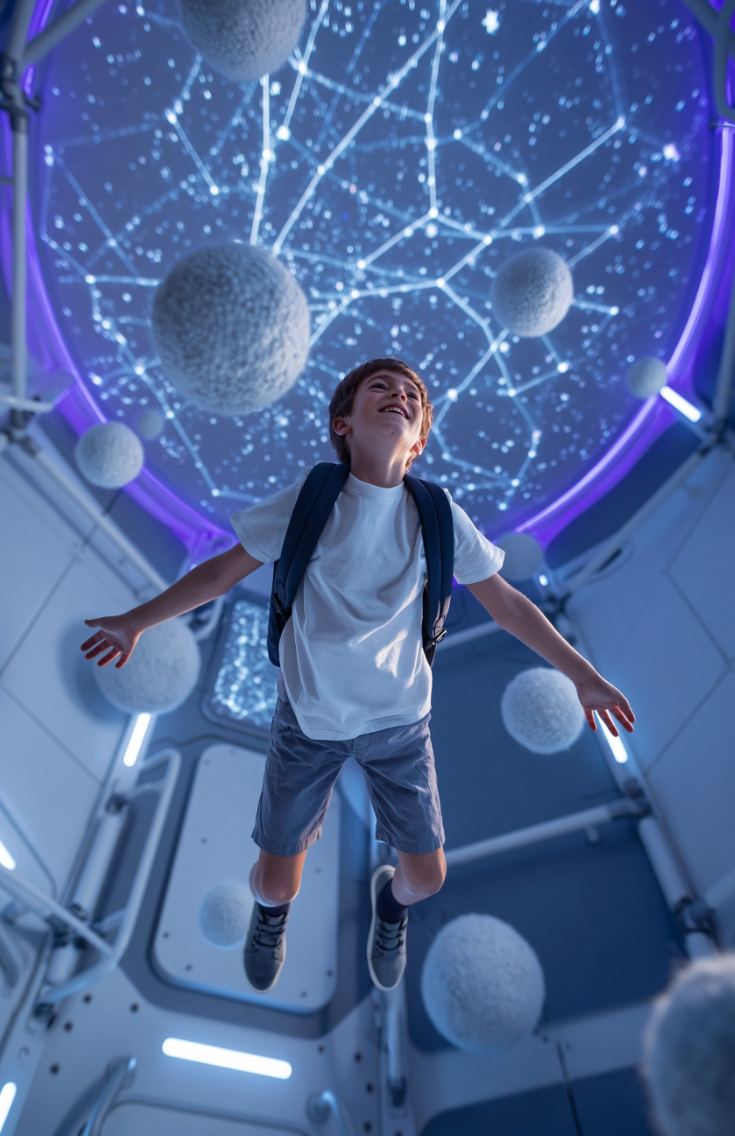 Young passenger walking through the low-gravity ring